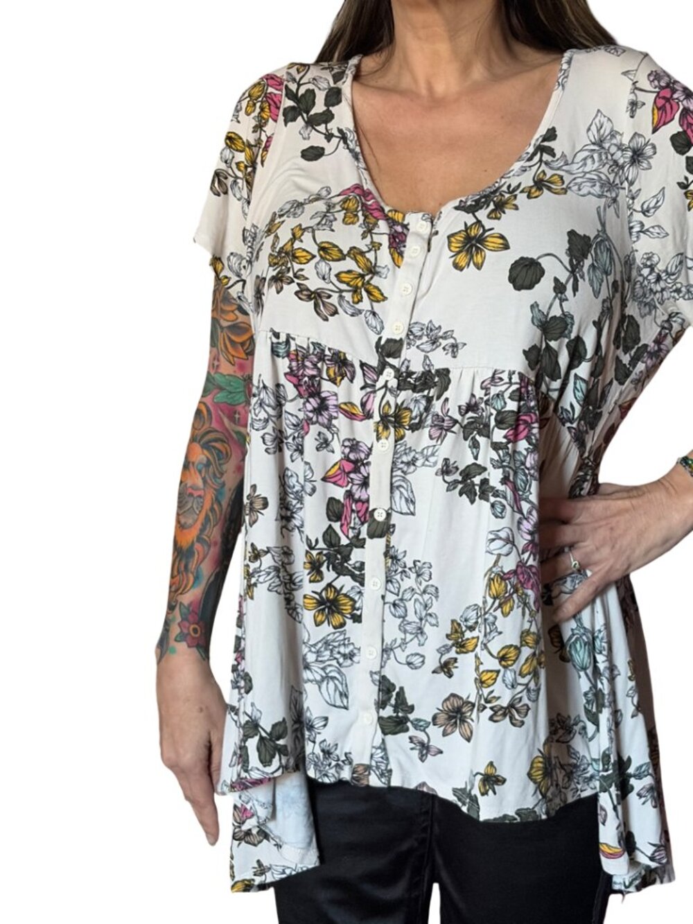 Sz.2X*Torris*Floral Print Button Front Tunic Top